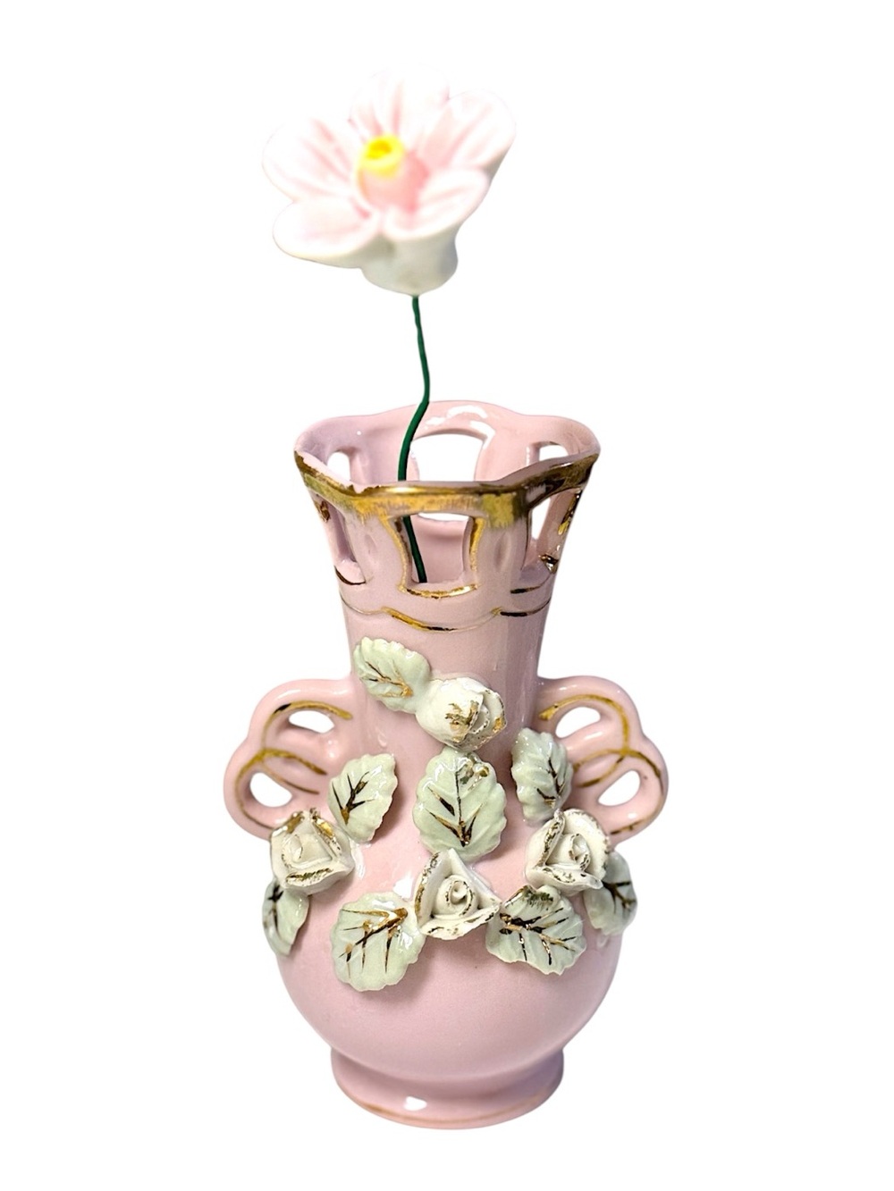 60’s Pink Porcelain Miniature Bud Vase w/3D Relief Roses & Gold Gilt Japan